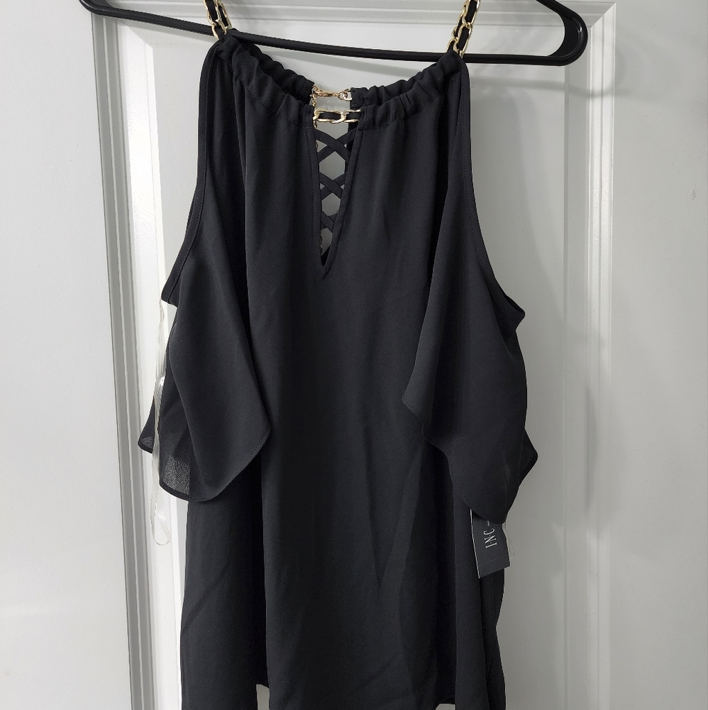 INC Cold Shoulder Dressy Top in Black size L